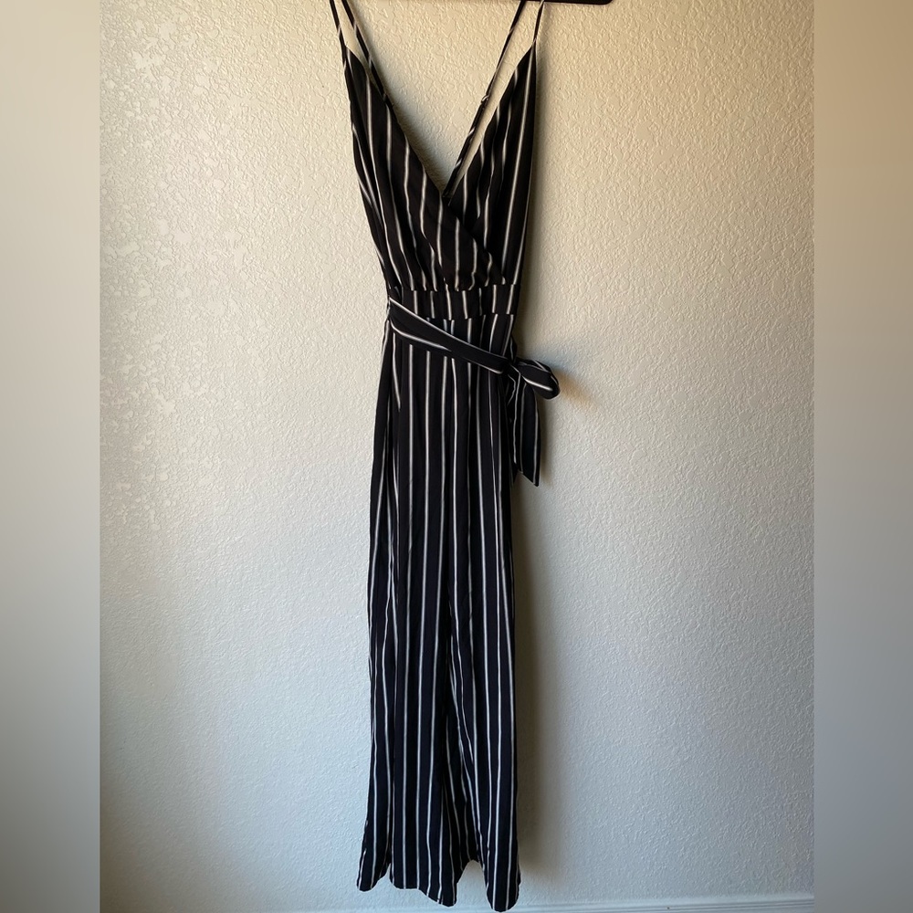 Black/White Striped Jumpsuit | Size Large | Spaghetti Strap Adjustable